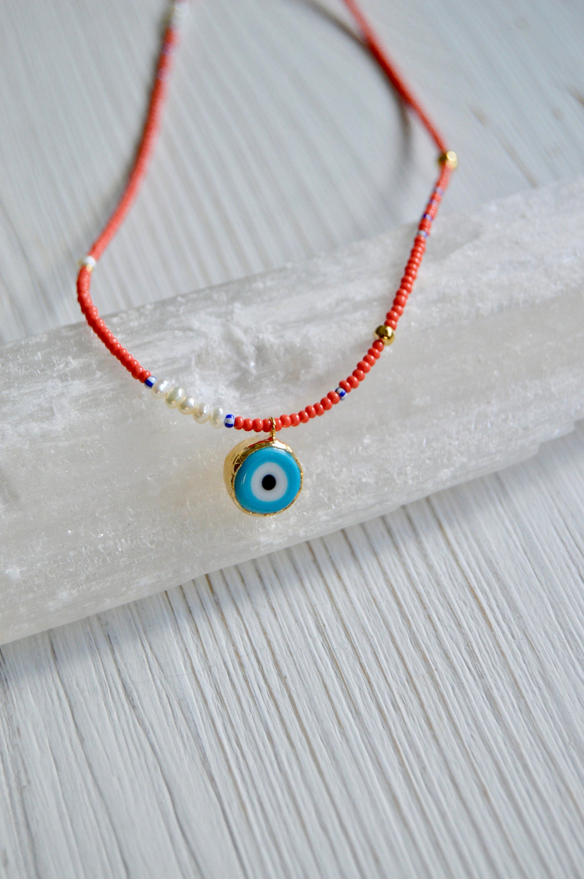 Evil Eye Beaded Necklace Close