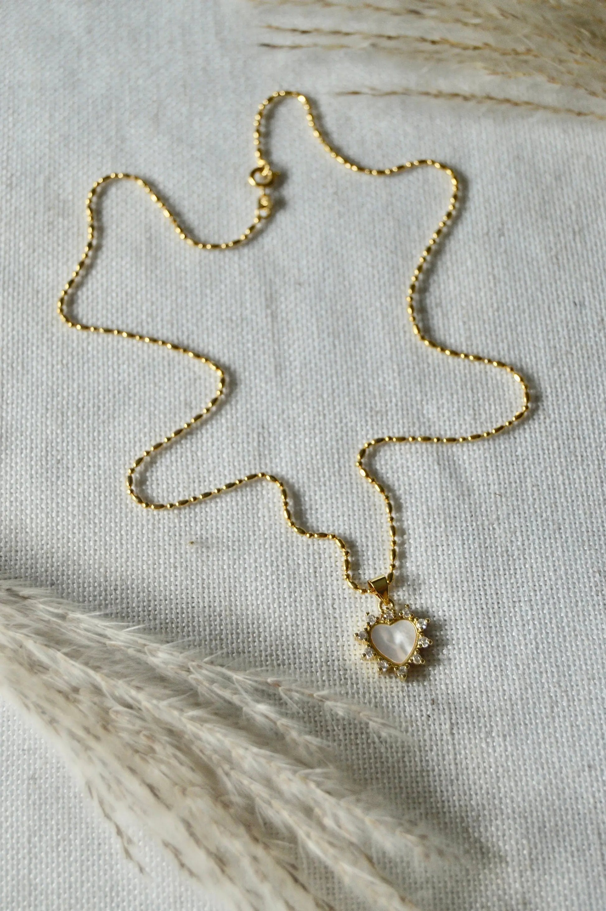 Pearl Heart Necklace Flatlay