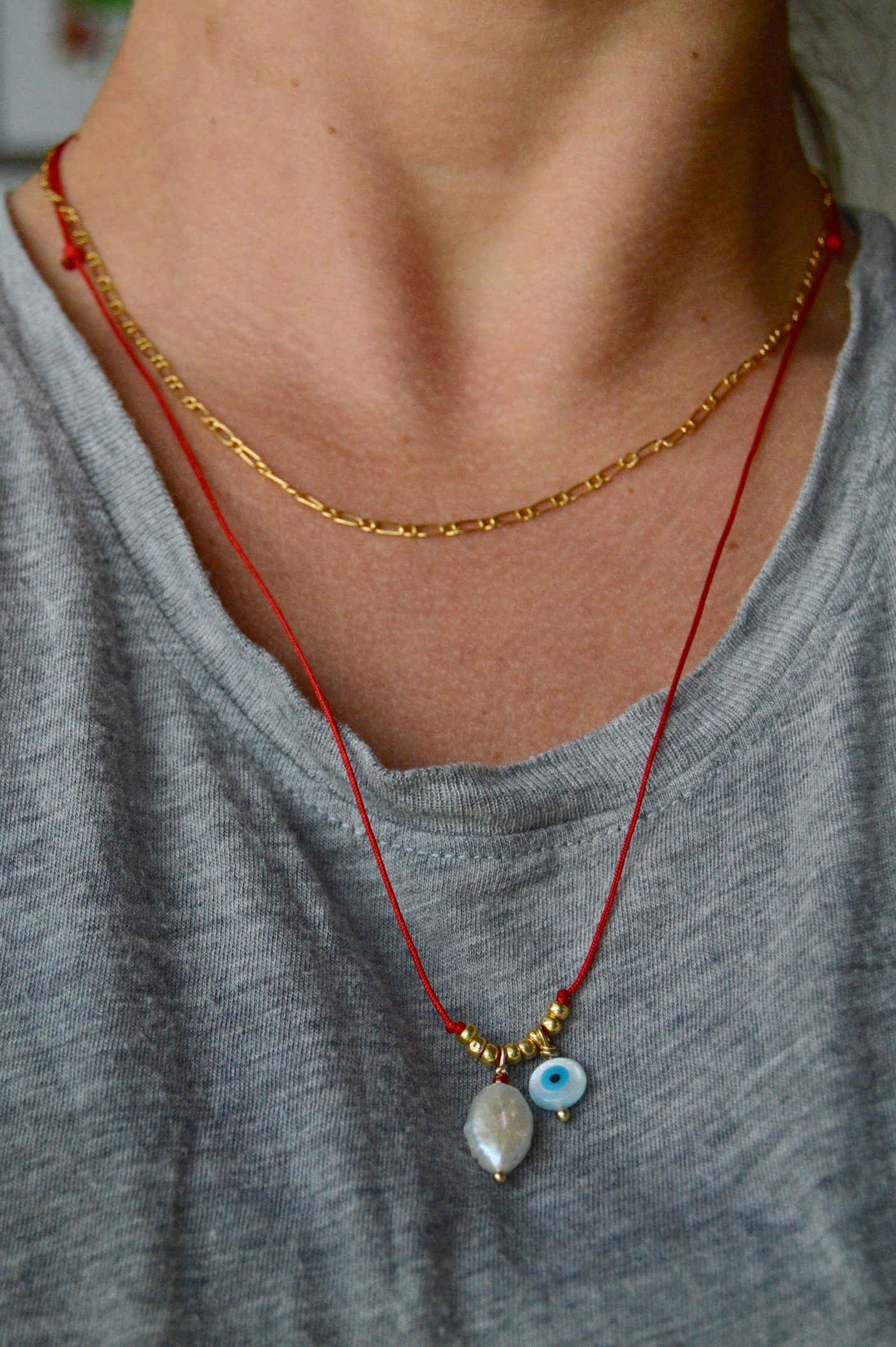 Evil Eye Pearl Necklace Layered